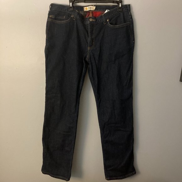 Carhartt Women’s Flannel Lined Jeans Original Fit Straight Leg Dark Wash Size 16 - Picture 1 of 6